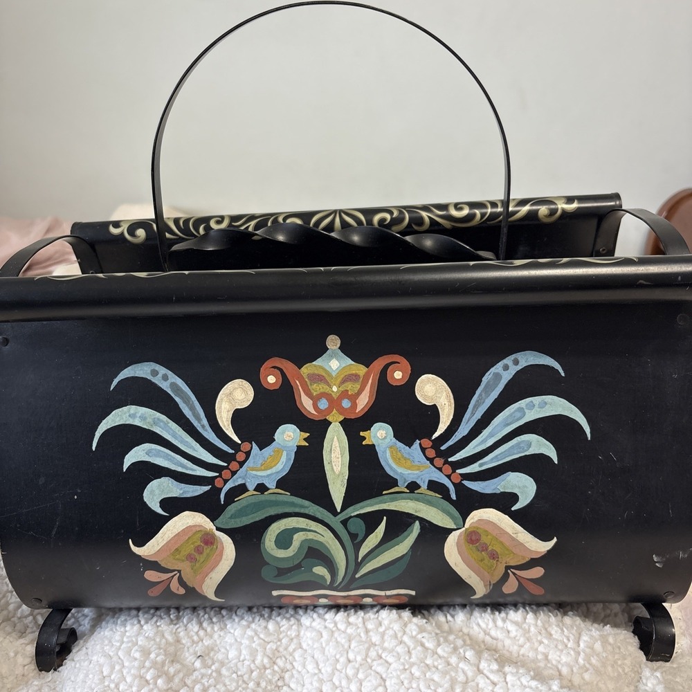Vtg Black Tole Hand Painted Floral Birds Flowers Wrought Metal Magazine Holder